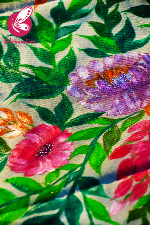 White Organza Hand painted Multicoloured Floral Stole