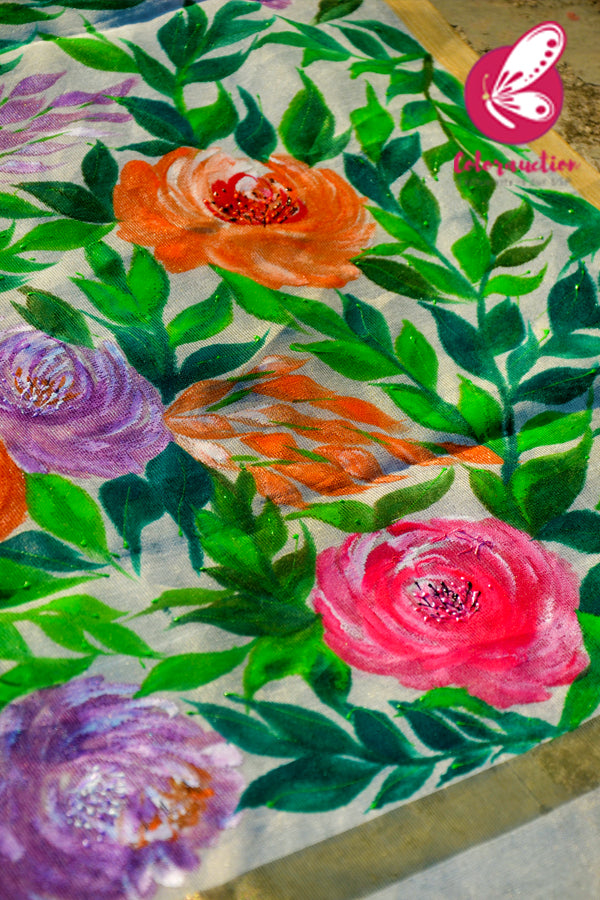 White Organza Hand painted Multicoloured Floral Stole