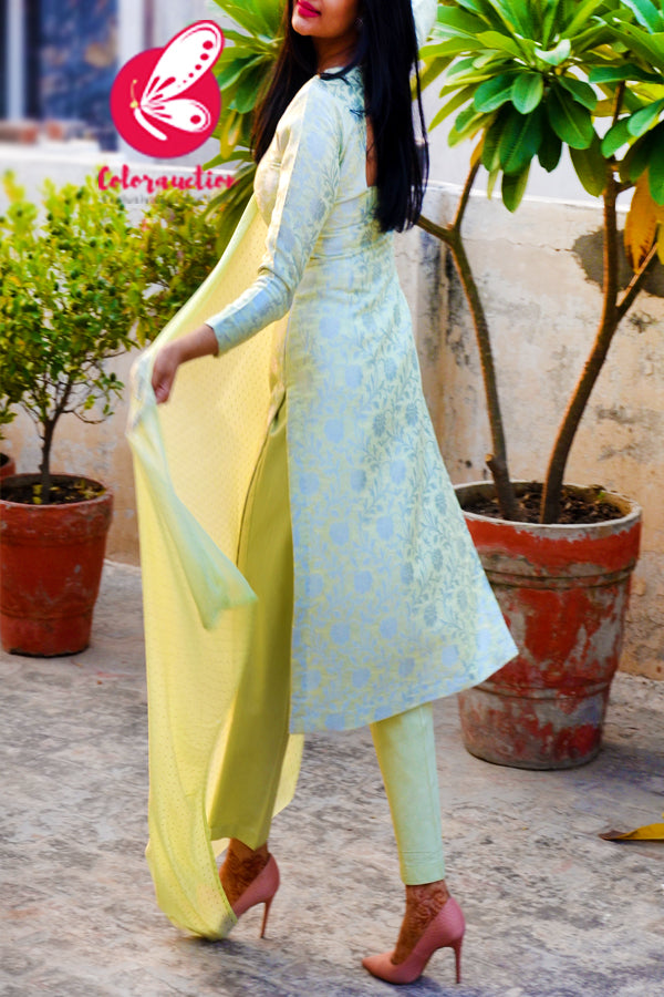 Mint Green &amp; Silver Georgette Brocade Silk Padded Kurti with Mint Cotton Silk Pants and Mint Green Silver Mukaish Georgette Dupatta