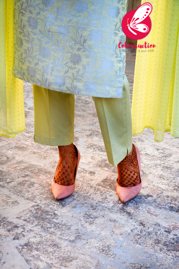Mint Green &amp; Silver Georgette Brocade Silk Padded Kurti with Mint Cotton Silk Pants and Mint Green Silver Mukaish Georgette Dupatta