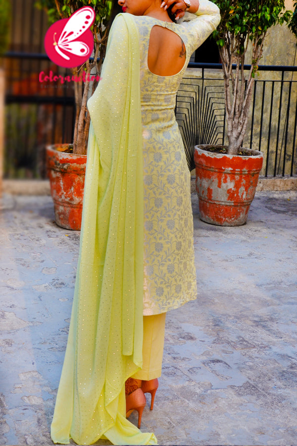 Mint Green &amp; Silver Georgette Brocade Silk Padded Kurti with Mint Cotton Silk Pants and Mint Green Silver Mukaish Georgette Dupatta