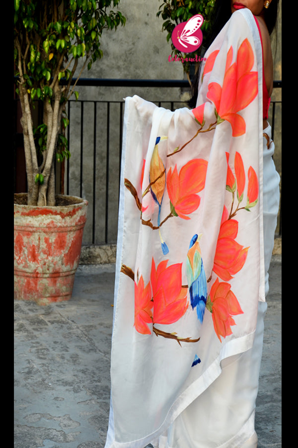 White Crepe Chiffon Handpainted Floral Saree