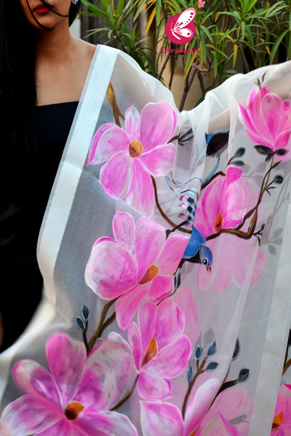 Off White Big Pink Flowers Blue Bird Pure Organza Handpainted Stole