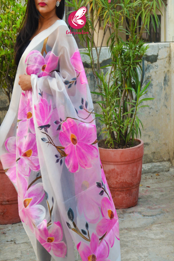 Off White Big Pink Flowers Blue Bird Pure Organza Handpainted Stole