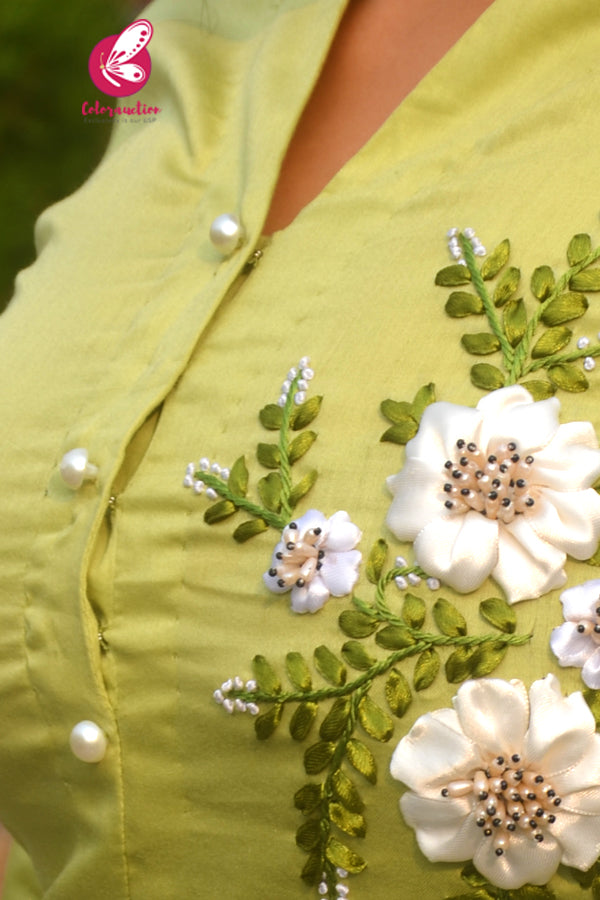 Green Cotton Silk Ribbon Work Full Sleeves Pearls Kurti with Green Pearls Cotton Silk Pants