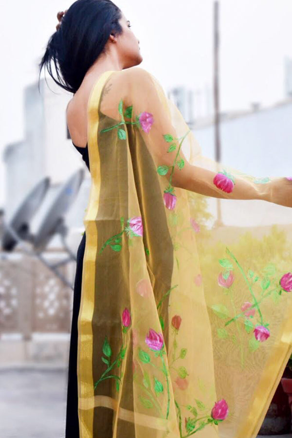 Golden Organza Hand Painted Roses Stole