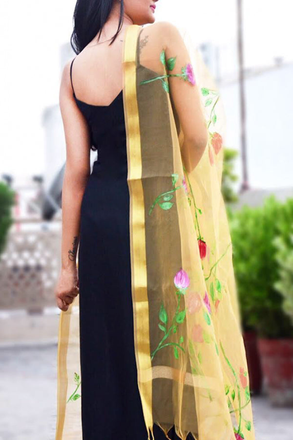 Golden Organza Hand Painted Roses Stole