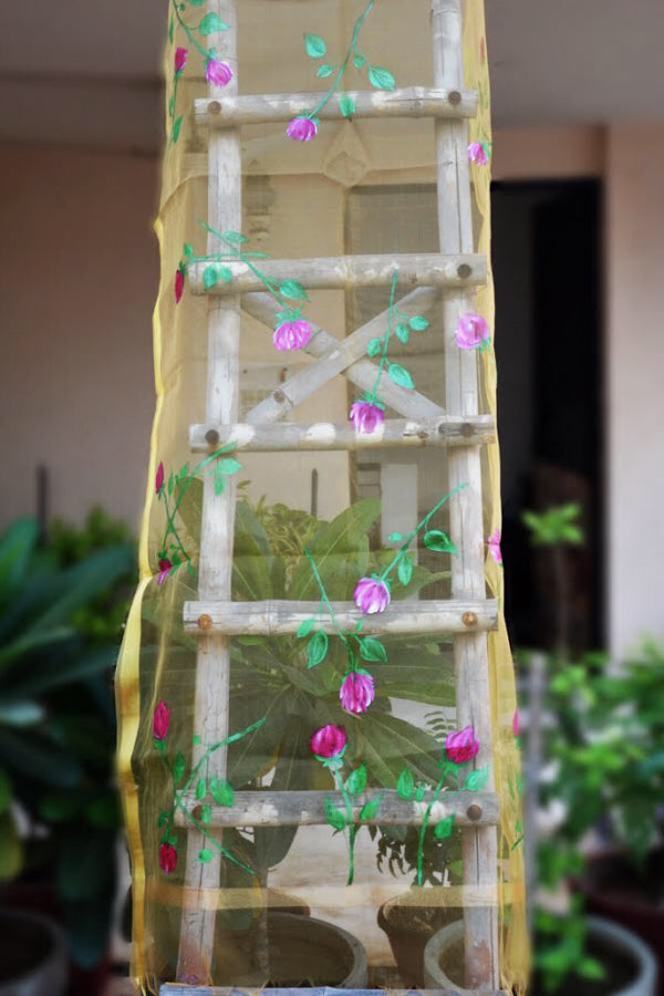Golden Organza Hand Painted Roses Stole