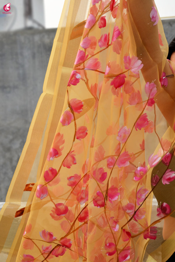 Golden Organza Handpainted Floral Stole