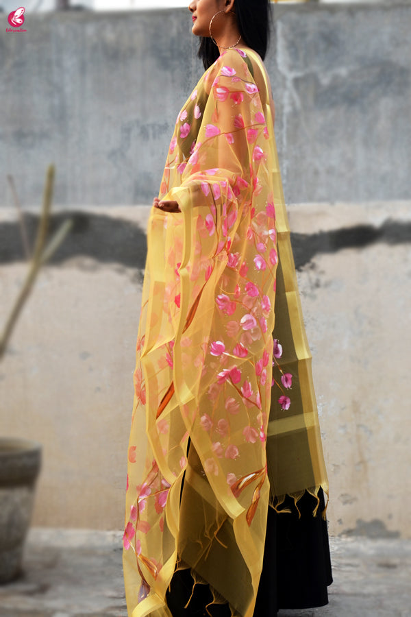 Golden Organza Handpainted Floral Stole