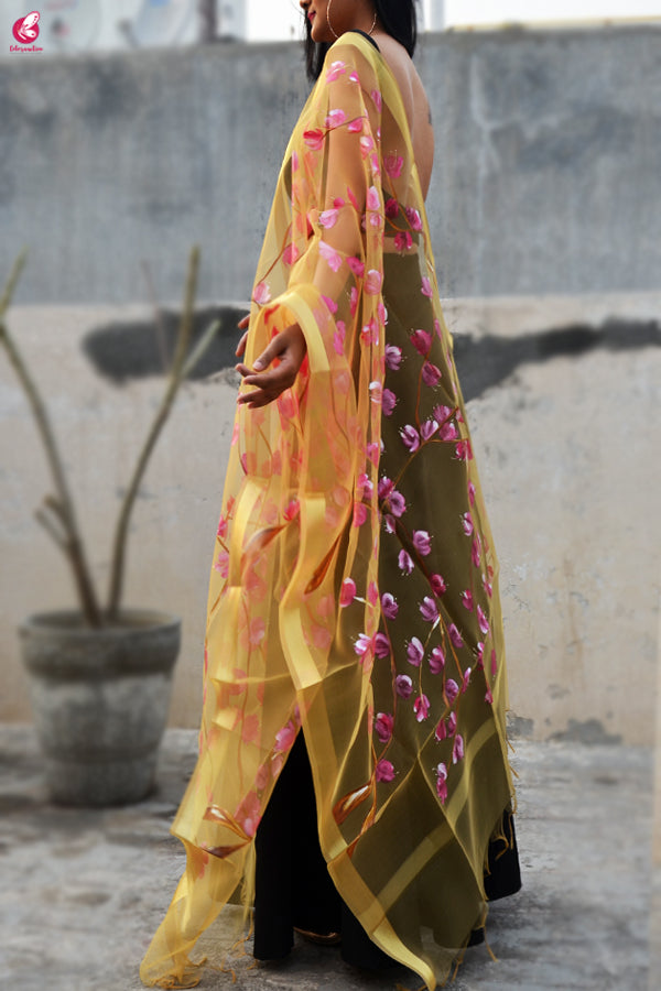 Golden Organza Handpainted Floral Stole
