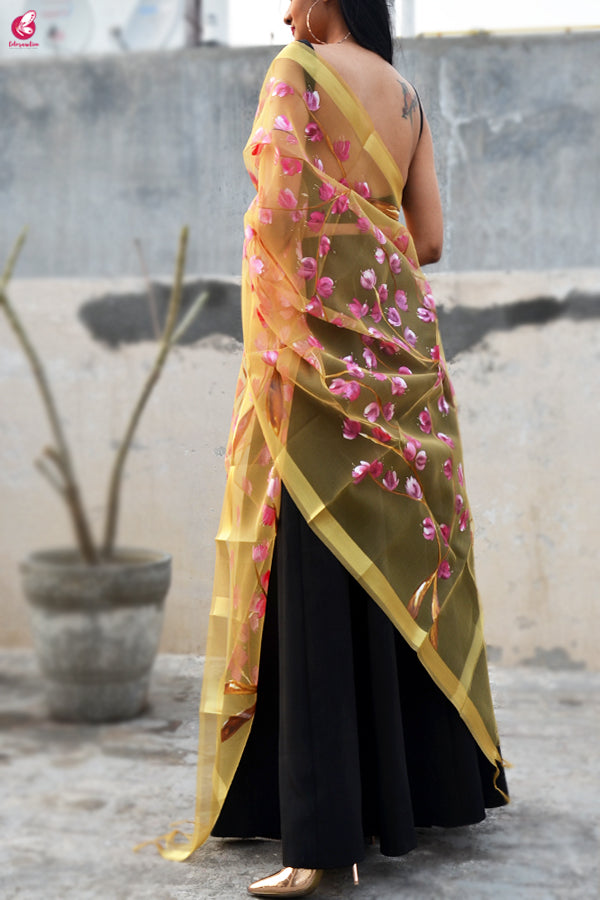 Golden Organza Handpainted Floral Stole