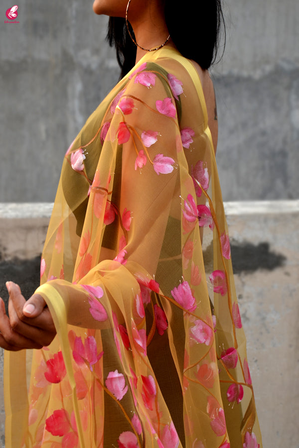 Golden Organza Handpainted Floral Stole