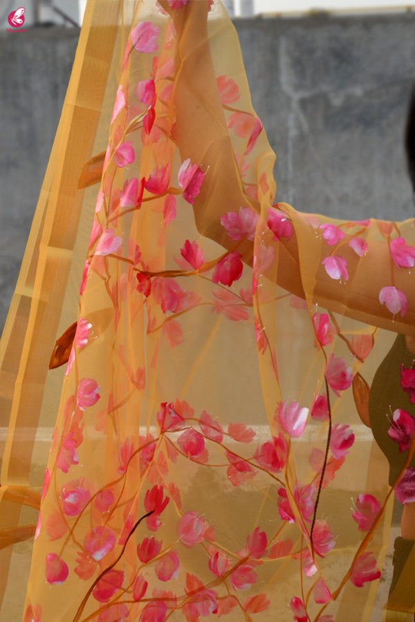Golden Organza Handpainted Floral Stole