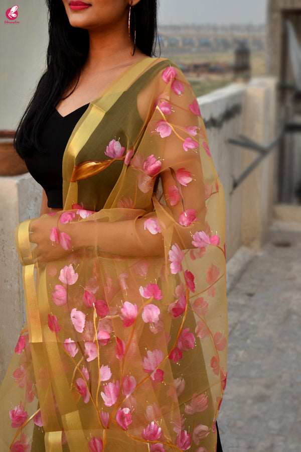 Golden Organza Handpainted Floral Stole