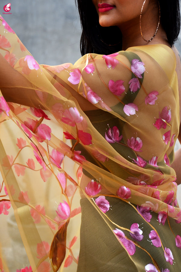 Golden Organza Handpainted Floral Stole