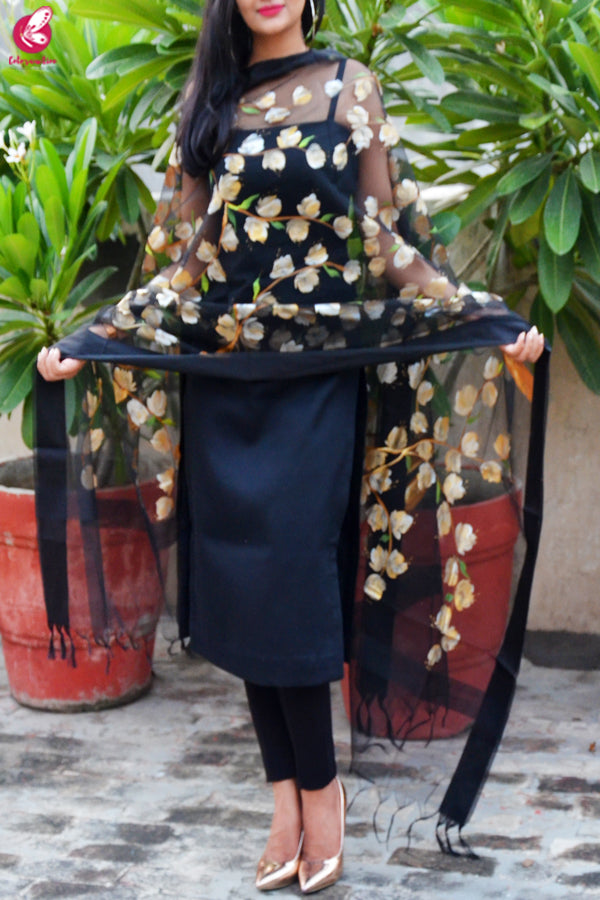 Black Organza Handpainted Floral Stole
