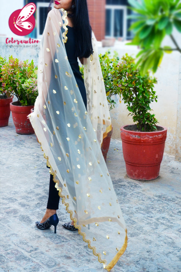 Off White Heavy Net Embellished Border Dupatta