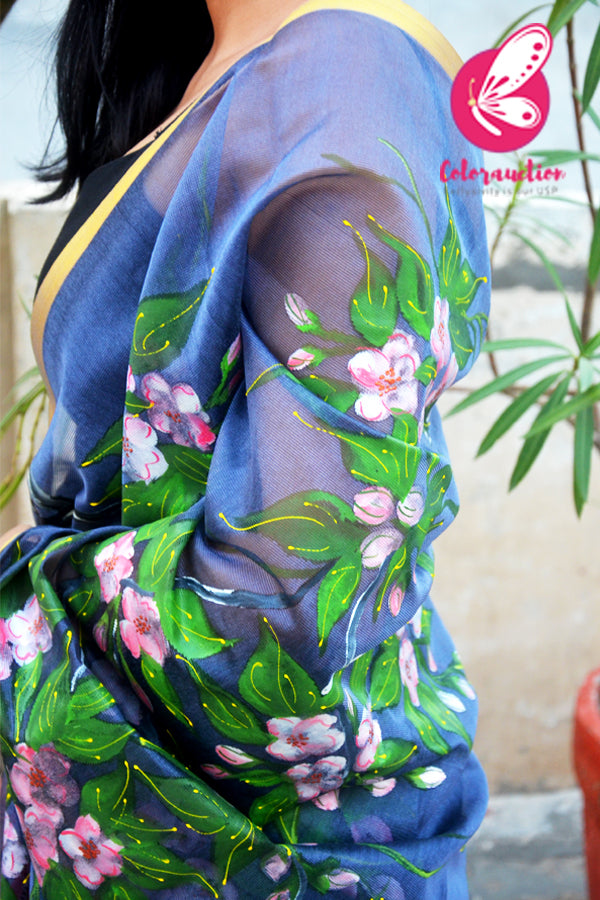 Bluish Grey Organza Hand-painted Floral Stole
