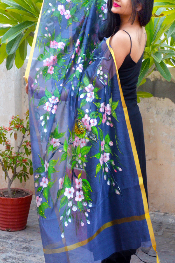 Bluish Grey Organza Hand-painted Floral Stole