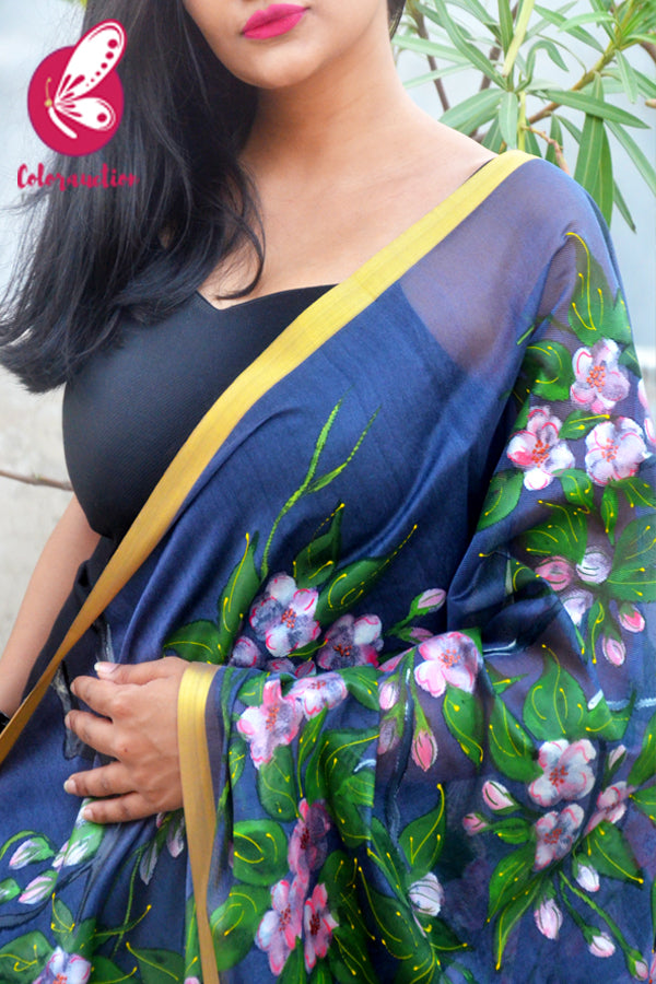 Bluish Grey Organza Hand-painted Floral Stole