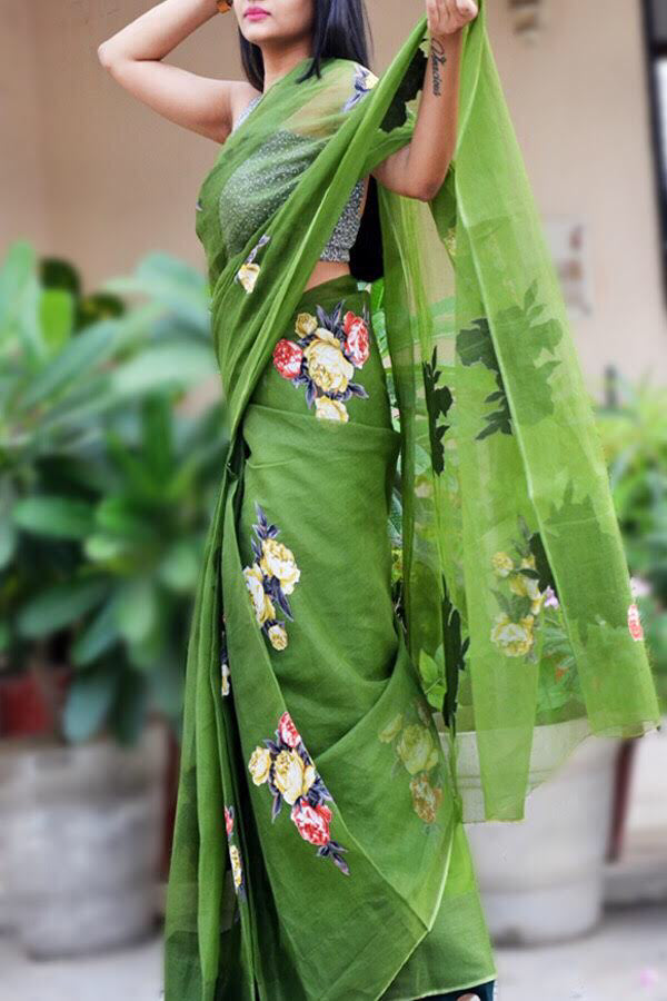 Olive Green Organdy Applique Floral Saree
