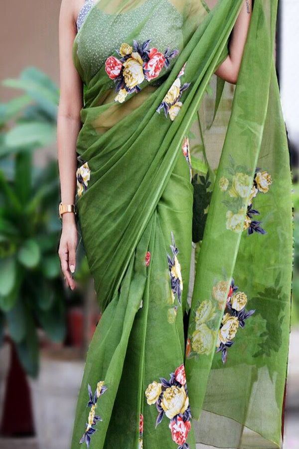 Olive Green Organdy Applique Floral Saree