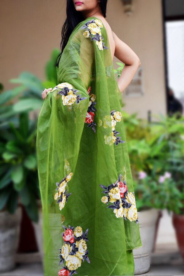 Olive Green Organdy Applique Floral Saree