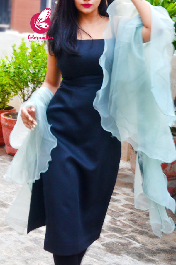 Ice Blue Pure Organza Satin Taping Three-Tier Ruffle Party Wear Stole