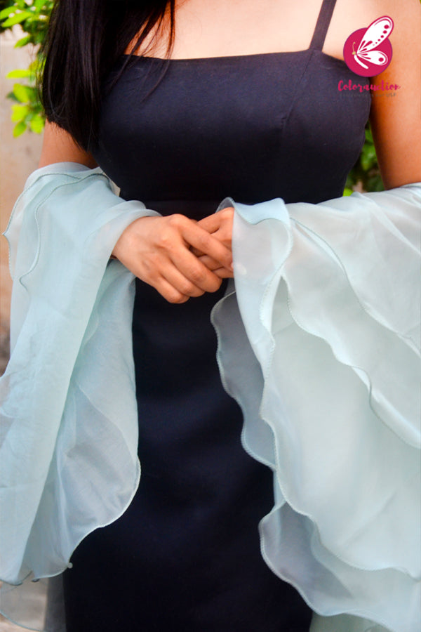Ice Blue Pure Organza Satin Taping Three-Tier Ruffle Party Wear Stole