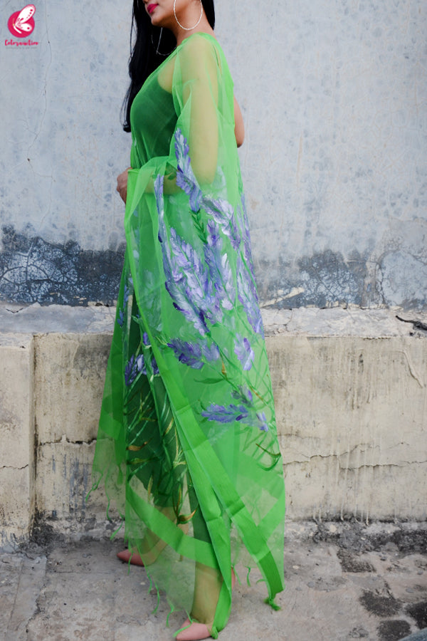 Green Organza Hand painted Floral Stole