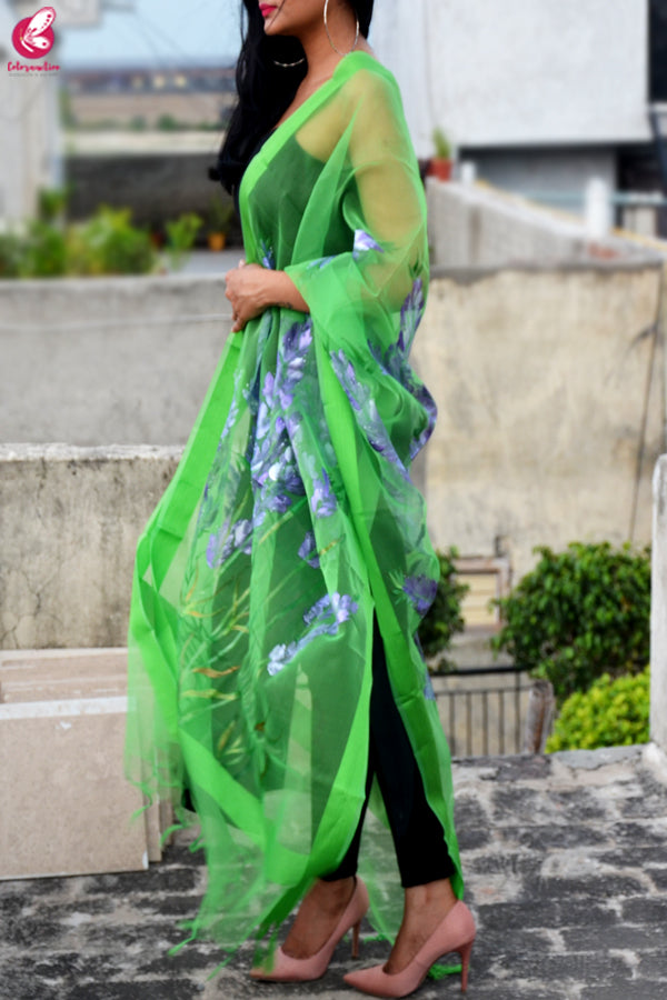 Green Organza Hand painted Floral Stole