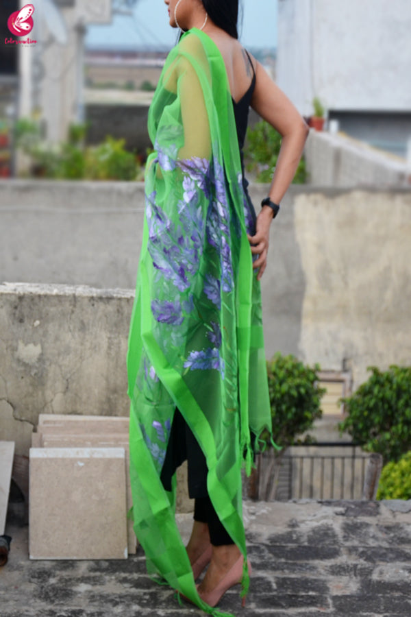Green Organza Hand painted Floral Stole