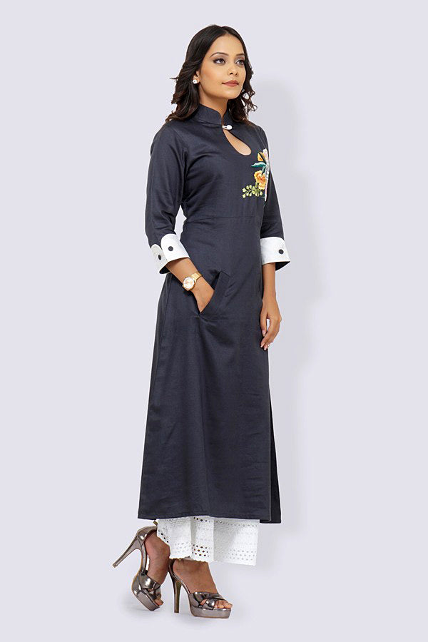 Dark Grey Sarton Lycra Embroidered A-Line Kurti