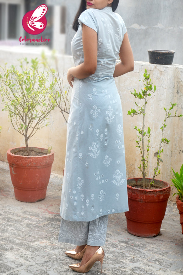 Grey Printed Glitter Cotton Kurti With Grey Printed Cotton Palazzo Kurti Set