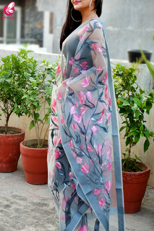 Grey Organza Hand painted Pink Floral Stole