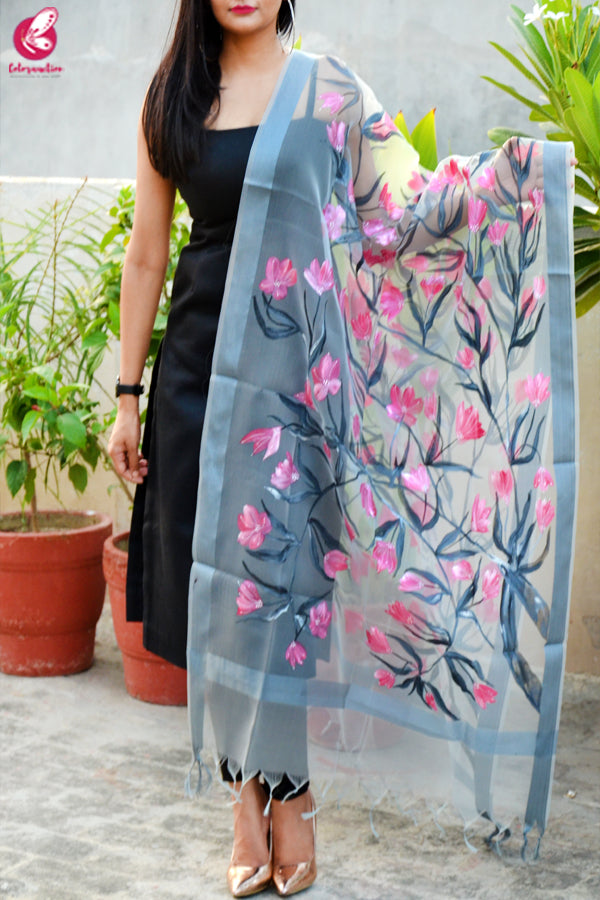 Grey Organza Hand painted Pink Floral Stole
