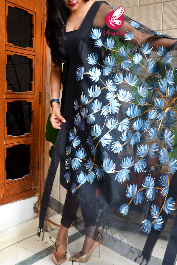 Black Pure Organza Handpainted Floral Blue Stole