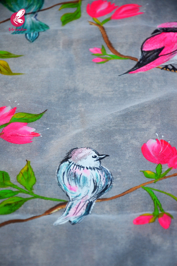 Off White Handpainted Birds Floral Golden Zari Pure Organza Stole