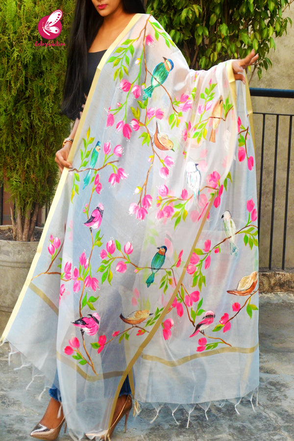 Off White Handpainted Birds Floral Golden Zari Pure Organza Stole