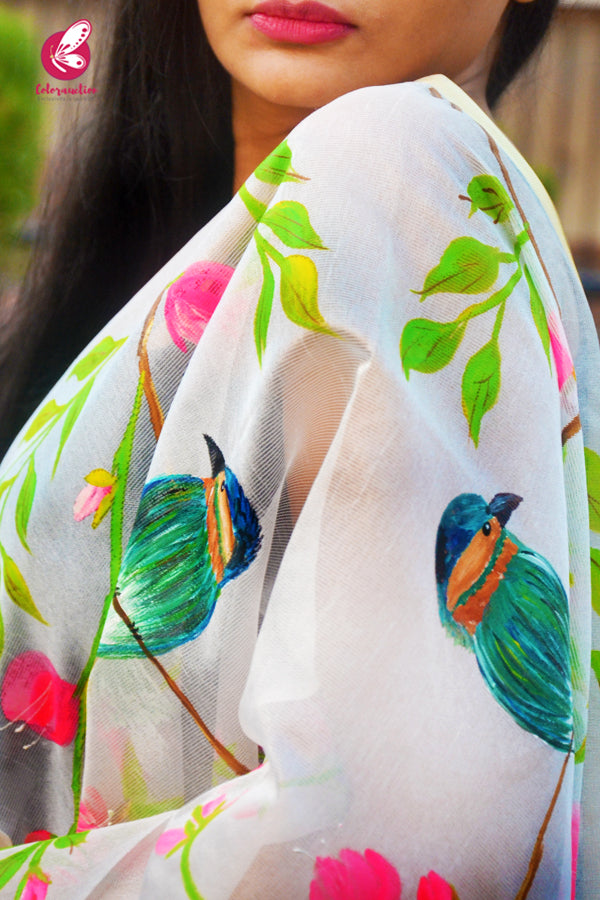 Off White Handpainted Birds Floral Golden Zari Pure Organza Stole