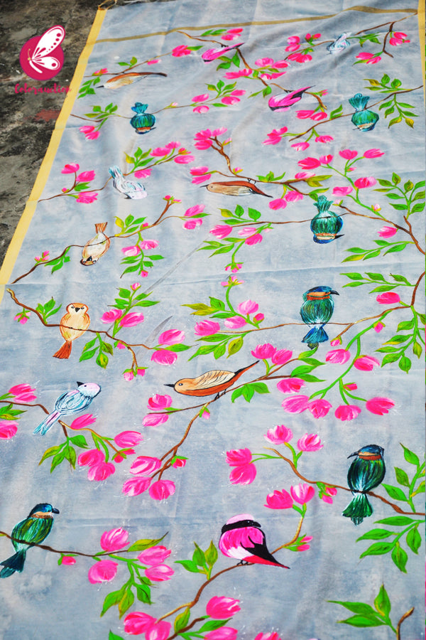 Off White Handpainted Birds Floral Golden Zari Pure Organza Stole