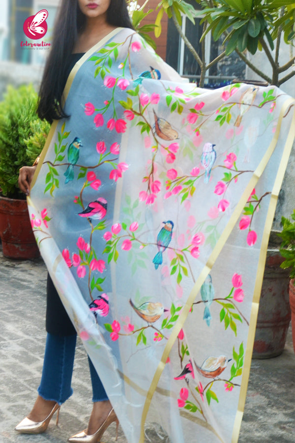 Off White Handpainted Birds Floral Golden Zari Pure Organza Stole