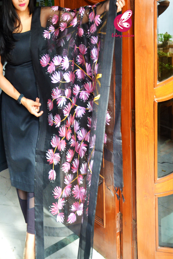 Black Pure Organza Handpainted Floral Pink Stole