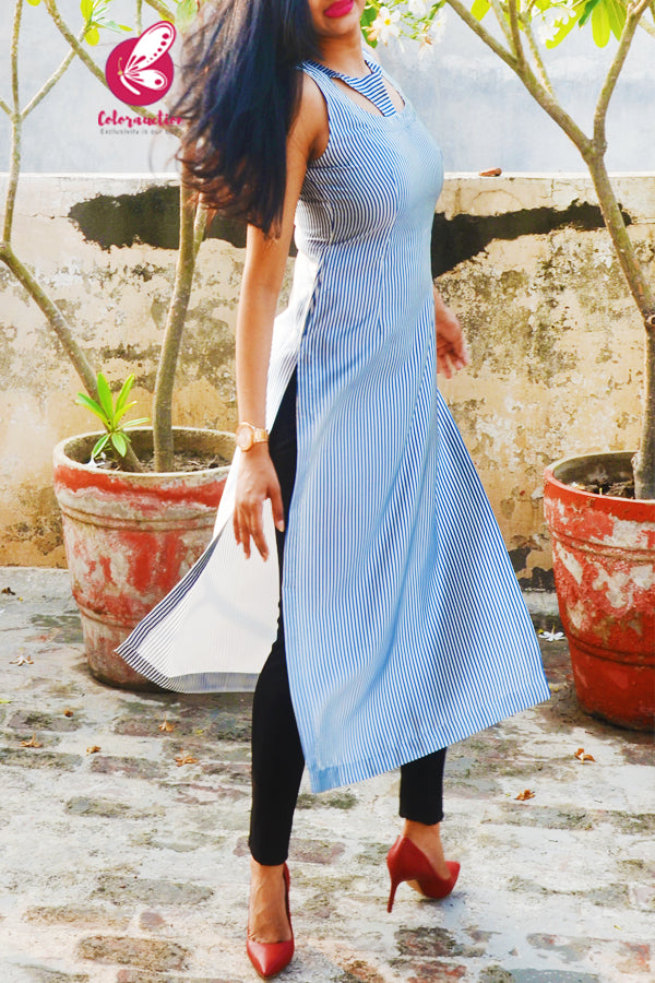 White & Navy Blue Satin Sleeveless Stripes Kurti