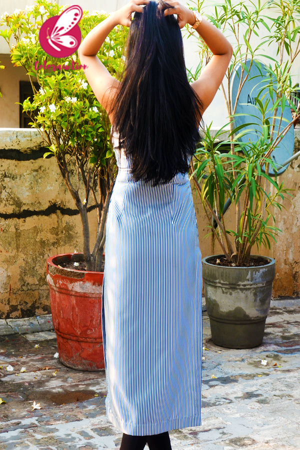 White &amp; Navy Blue Satin Sleeveless Stripes Kurti
