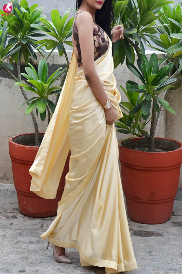 Cream Golden Satin Dupion Silk Taping Saree