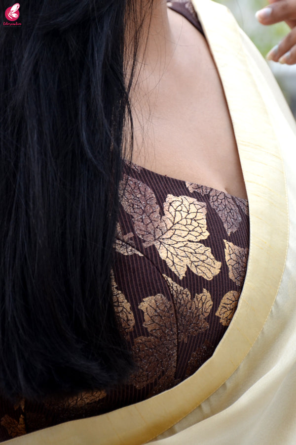 Cream Golden Satin Dupion Silk Taping Saree