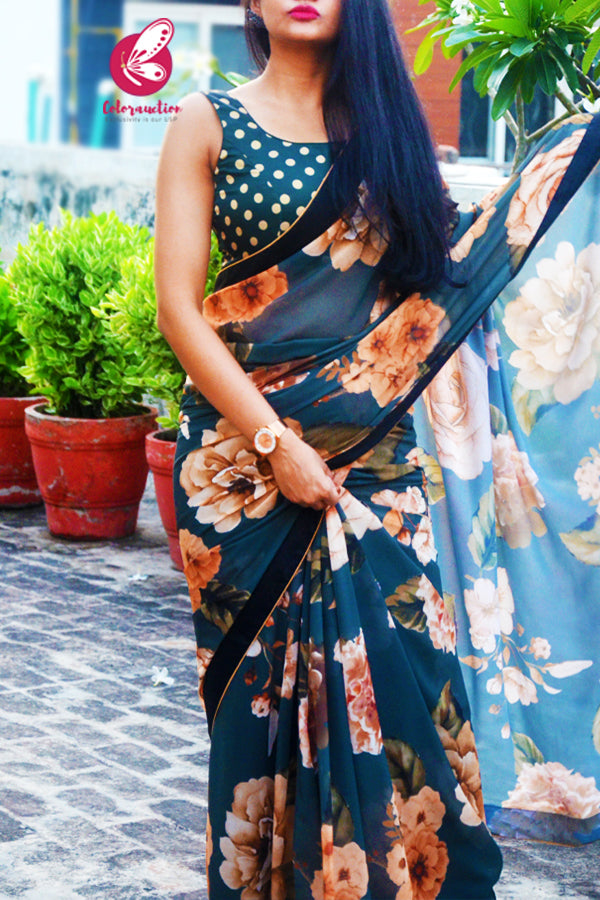 Green Floral Printed Georgette Dupion Taping Saree