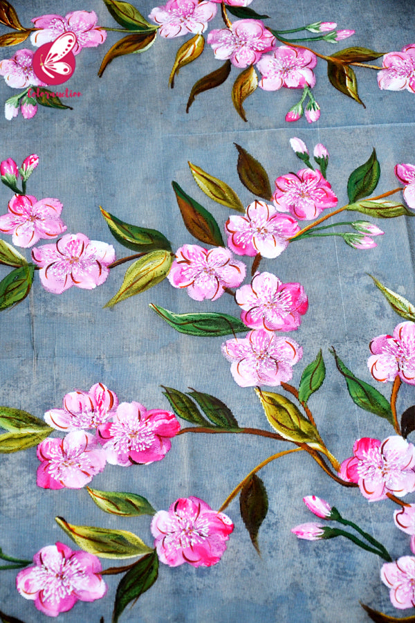 Grey Organza Hand painted Pink Floral Stole